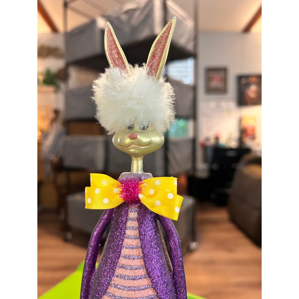 Whimsical Easter Bunny  Glitter Purple Striped Rabbit Decor Dr Seuss Style